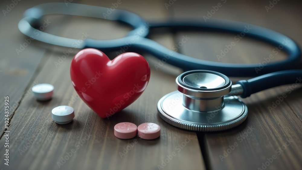A red heart and stethoscope surrounded by medication on a wooden table in a healthcare setting A red heart and stethoscope surrounded by medication on a wooden table in a healthcare setting