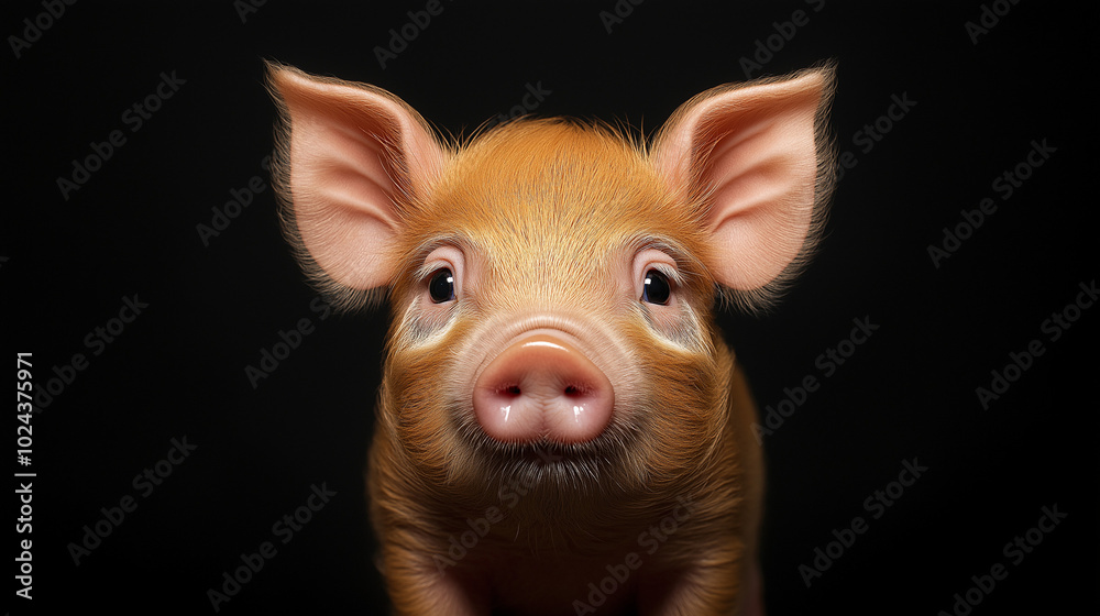 This charming piglet displays its playful nature with bright eyes and soft fur, beautifully illuminated against a deep black backdrop, evoking cuteness and warmth, copy space