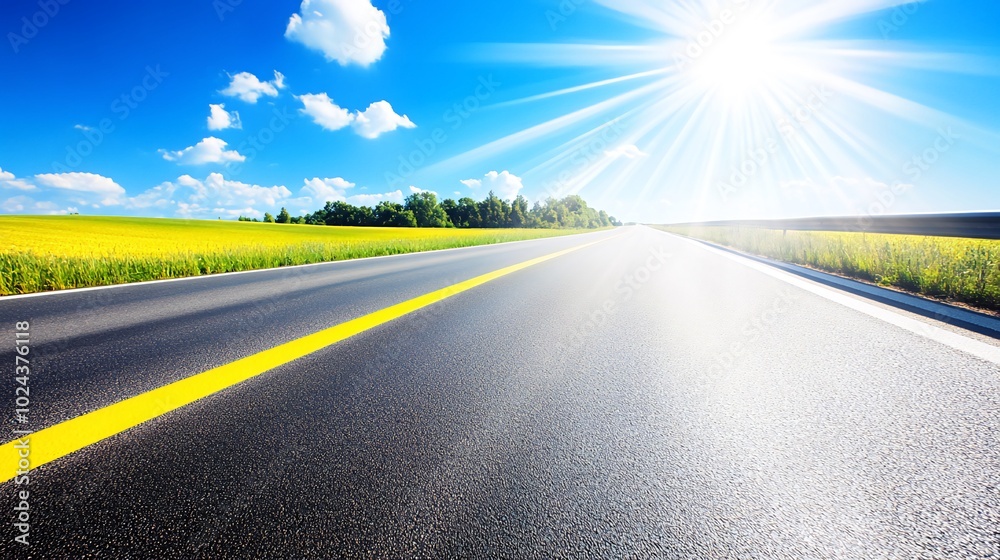 Naklejka premium A long, straight asphalt road stretches into the distance under a bright blue sky with a sunburst and fluffy clouds, with green trees and a yellow field on either side.