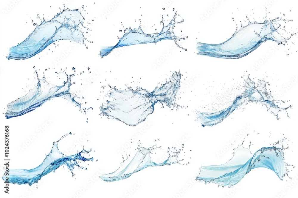 Set of water wavy splash in mid air isolated on white background