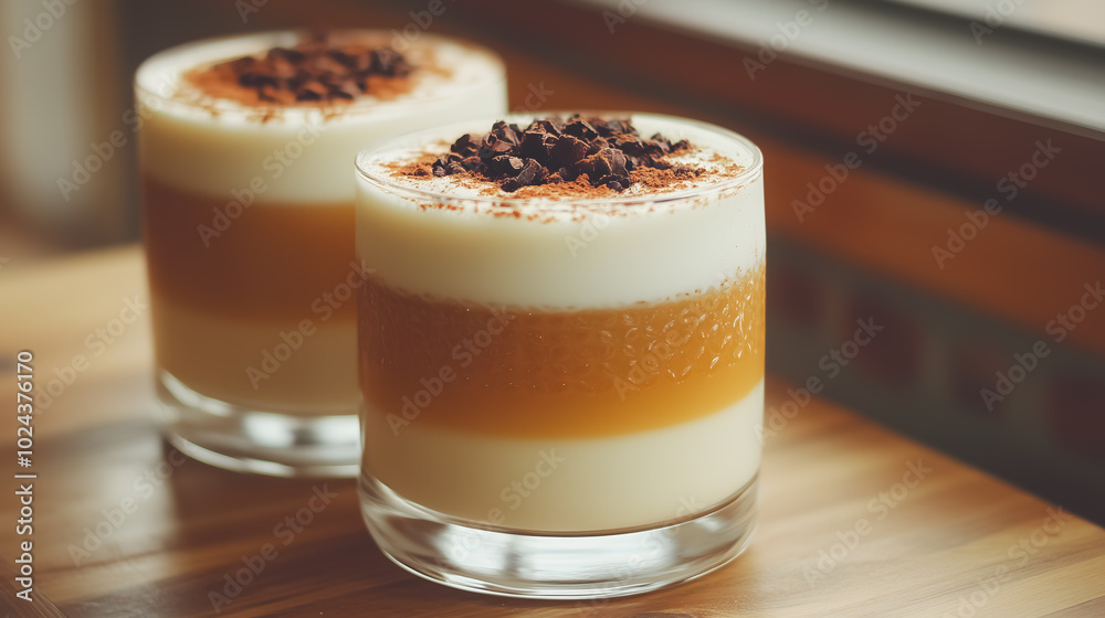 Two glasses of dessert with chocolate on top. The dessert is a layered cake with a chocolate topping Two glasses of dessert with chocolate on top. The dessert is a layered cake with a chocolate topping