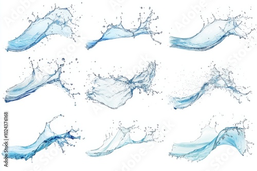 Set of water wavy splash in mid air isolated on white background