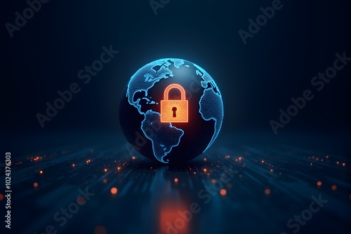 A glowing globe with a secure padlock encircling it, symbolizing global cybersecurity and data protection
