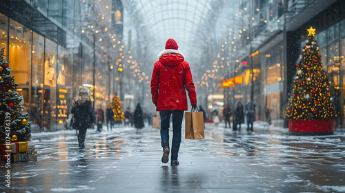 Fototapeta Naklejka Na Ścianę i Meble -  A man in a red coat is walking down a snowy street with a brown shopping bag. The scene is set in a city during the holiday season, with Christmas trees lining the sidewalks. The man is in a hurry