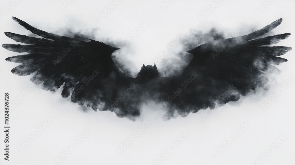 A black bird with its wings spread out in the air. The image is of a bird with its wings spread out, and it is black in color. Scene is dark and mysterious A black bird with its wings spread out in the air. The image is of a bird with its wings spread out, and it is black in color. Scene is dark and mysterious
