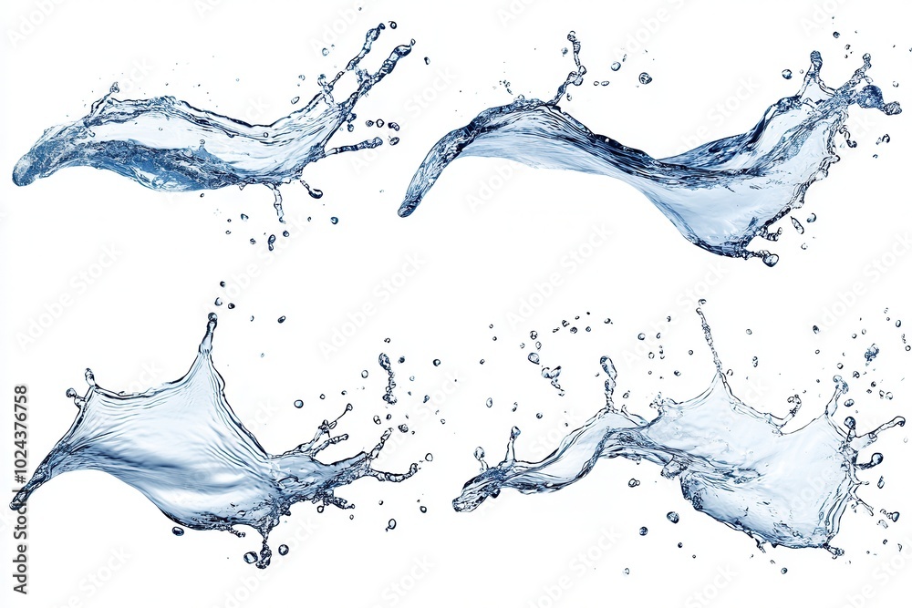 Set of water wavy splash in mid air isolated on white background Set of water wavy splash in mid air isolated on white background