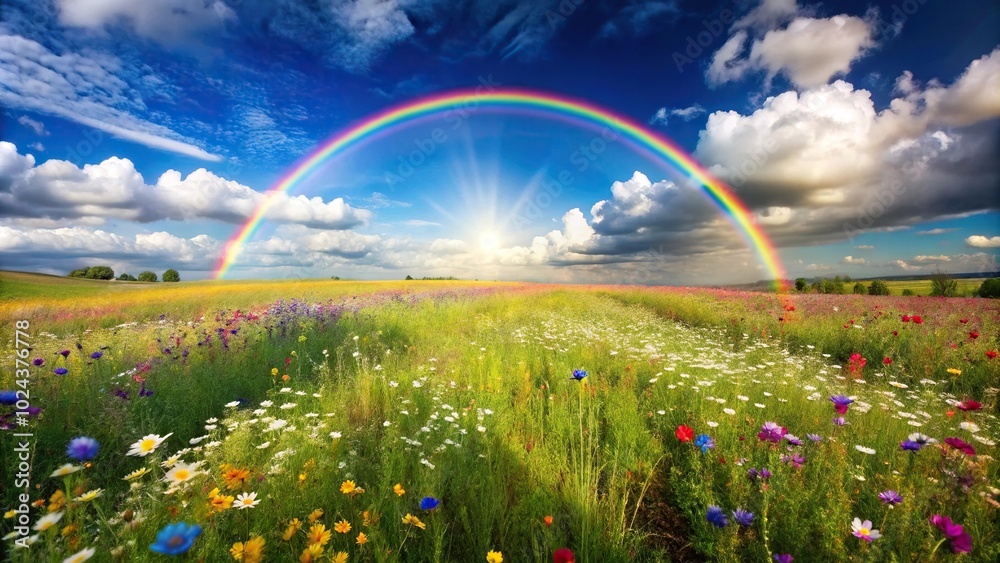 Naklejka premium Symmetrical rainbow over wildflowers field with blue sky and clouds