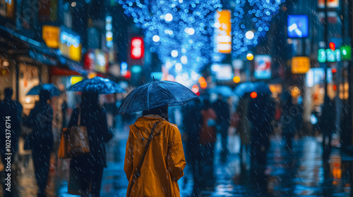 A woman is walking down a street with other people, all of them holding umbrellas. The street is wet and the people are wearing rain gear. Scene is gloomy and wet, as the rain is falling