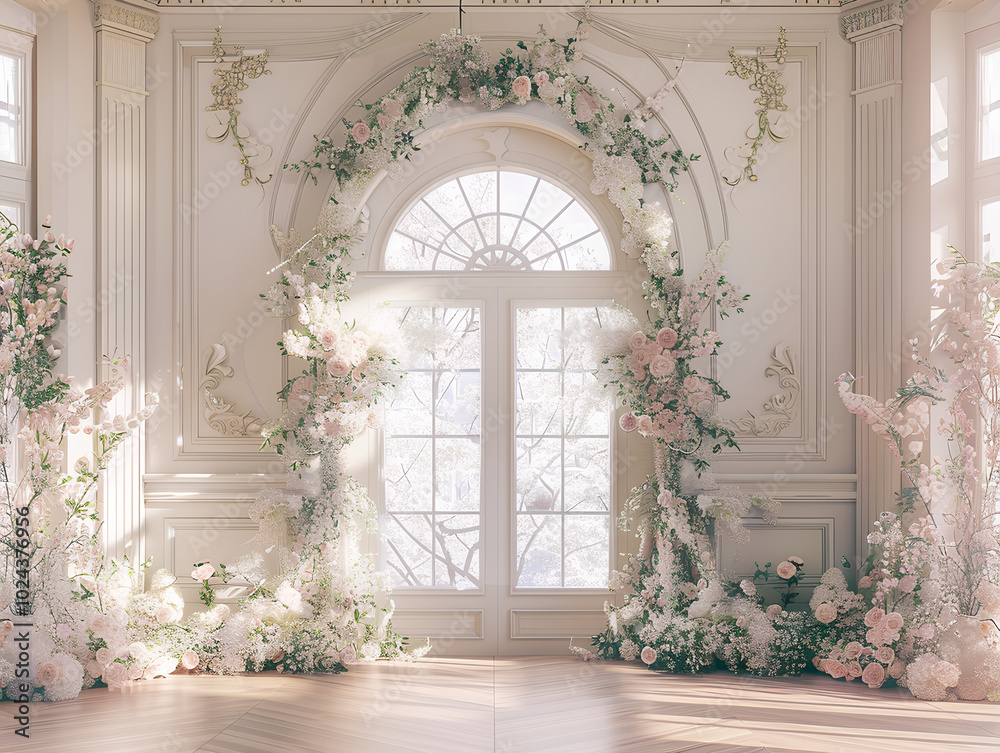 3D digital backdrop photo, floor-to-ceiling wall with floral arches and flowers, white walls with pink floral patterns, light beige floor tiles, soft lighting, romantic, pastel colors, vintage 3D digital backdrop photo, floor-to-ceiling wall with floral arches and flowers, white walls with pink floral patterns, light beige floor tiles, soft lighting, romantic, pastel colors, vintage