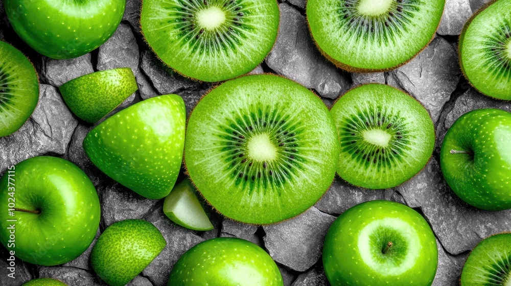 Fototapeta premium Fresh Green Apples and Kiwis on a Stone Surface