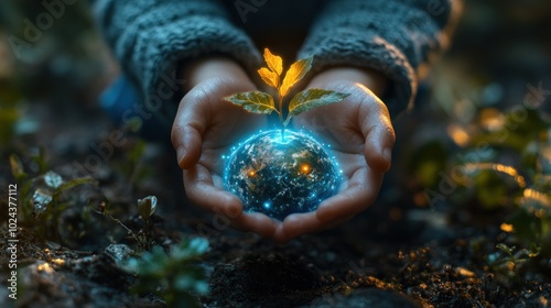 Wallpaper Mural Child's hands hold a glowing Earth with a sprout growing from it, symbolizing hope for the environment. Torontodigital.ca