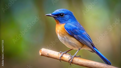 Blue bird perched on branch with clear leading lines