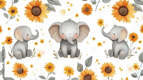 Cute Baby Elephants with Sunflowers Seamless Pattern photo