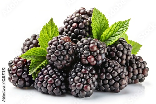 Symmetrical ripe blackberries pile on white background