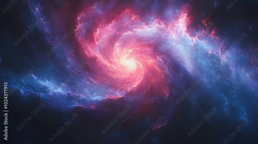 A spiral galaxy with a bright pink and blue swirl. The galaxy is filled with stars and dust, and the colors are vibrant and eye-catching. Concept of wonder and awe at the vastness A spiral galaxy with a bright pink and blue swirl. The galaxy is filled with stars and dust, and the colors are vibrant and eye-catching. Concept of wonder and awe at the vastness