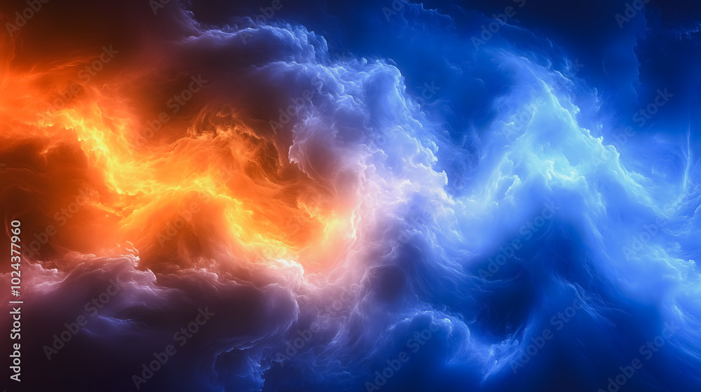 A blue and orange space with a wave of light. The blue and orange colors are contrasting and create a sense of movement and energy A blue and orange space with a wave of light. The blue and orange colors are contrasting and create a sense of movement and energy