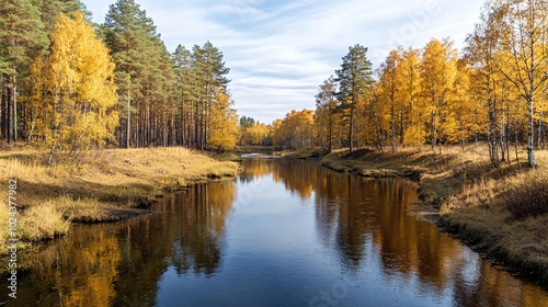 A river flows through a forest with colorful autumn leaves on the trees, reflecting in the water.