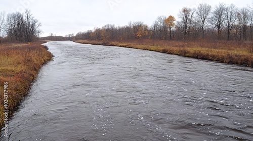 A river flows through a forest in autumn, with brown and yellow leaves on the trees.