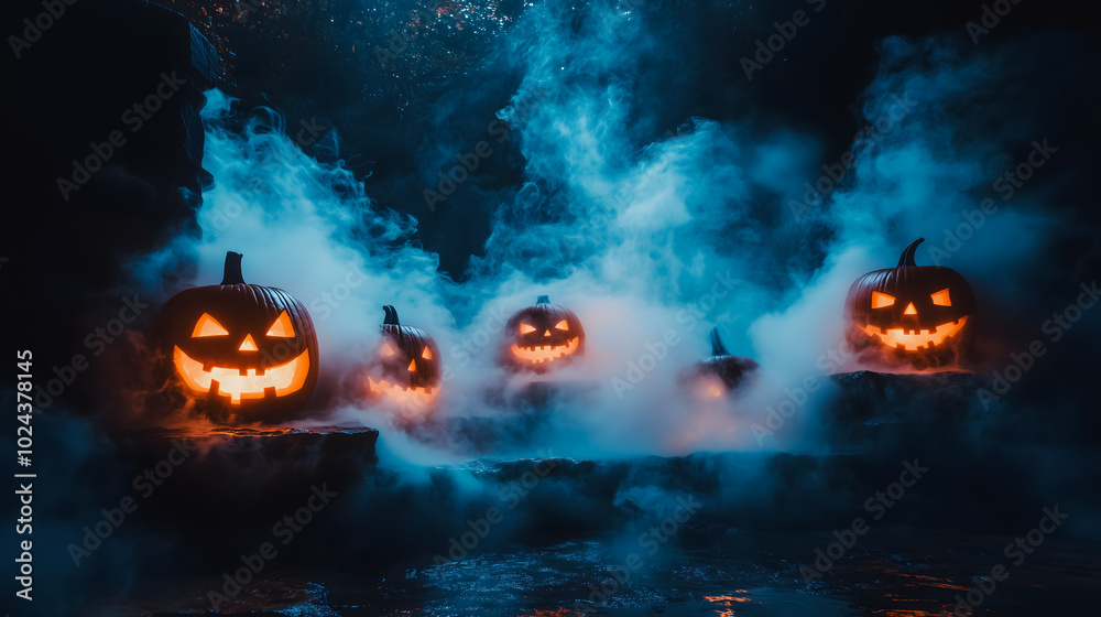 Naklejka premium A group of pumpkins are lit up in a dark room with smoke and fog. Scene is eerie and spooky