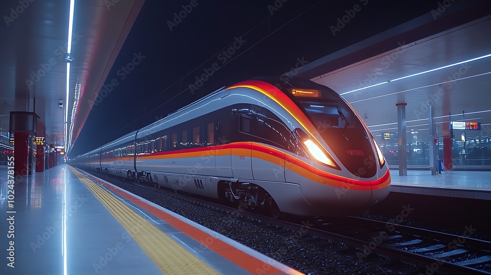 Modern high-speed train at a station platform with glowing lights. Modern high-speed train at a station platform with glowing lights.