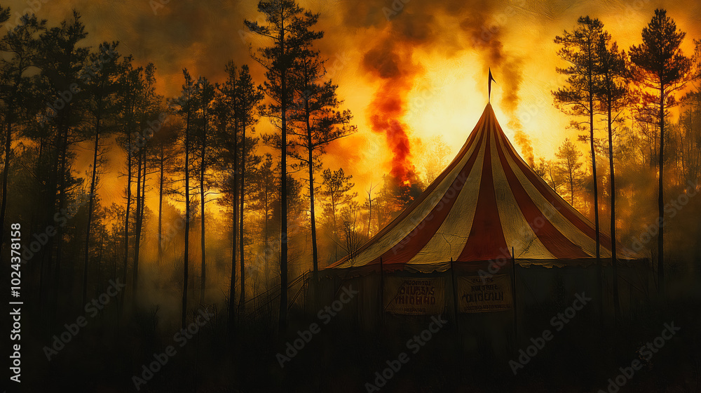 A circus tent is in the woods with a fire burning in the background. The scene is dark and ominous A circus tent is in the woods with a fire burning in the background. The scene is dark and ominous