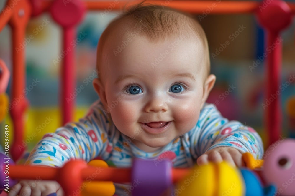 Obraz premium A joyful baby smiles while playing in a colorful playpen. Bright colors and soft textures create a cheerful atmosphere. Perfect for family and parenting themes. Generative AI