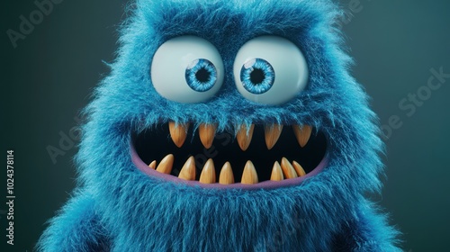 Blue Furry Monster with Big Eyes and Sharp Teeth