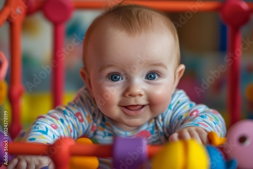 A joyful baby smiles while playing in a colorful playpen. Bright colors and soft textures create a cheerful atmosphere. Perfect for family and parenting themes. Generative AI