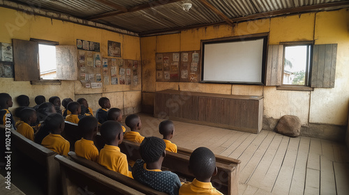 A group of children are sitting in a classroom with a projector screen. Scene is educational and focused photo