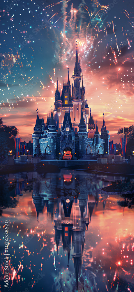Fototapeta premium Castle, with fireworks in the night sky above it, reflecting on the water with a symmetrical composition