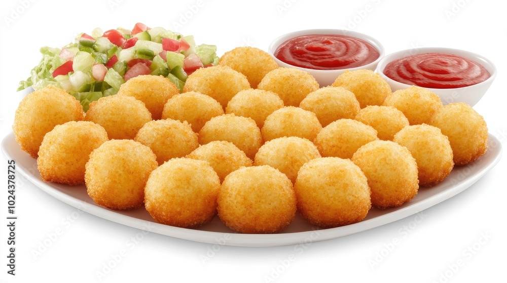 A plate full of bite-sized crispy chicken hot shots, served with ketchup and a side of fresh salad, with golden crust and juicy, tender chicken inside. A plate full of bite-sized crispy chicken hot shots, served with ketchup and a side of fresh salad, with golden crust and juicy, tender chicken inside.