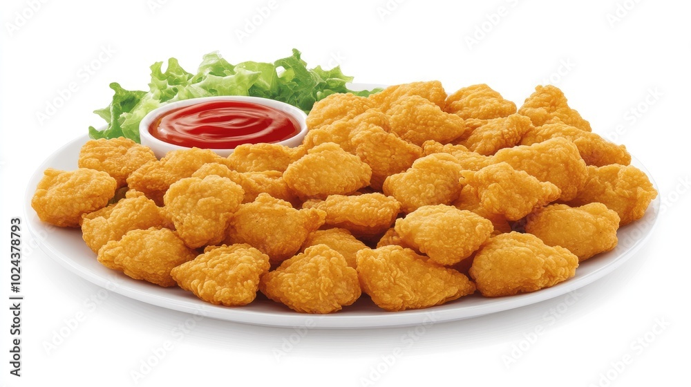 A plate full of bite-sized crispy chicken hot shots, served with ketchup and a side of fresh salad, with golden crust and juicy, tender chicken inside. A plate full of bite-sized crispy chicken hot shots, served with ketchup and a side of fresh salad, with golden crust and juicy, tender chicken inside.