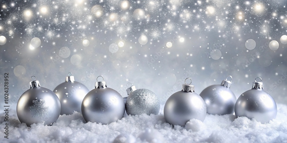 Symmetrical silver Christmas background with ornaments and snow Symmetrical silver Christmas background with ornaments and snow