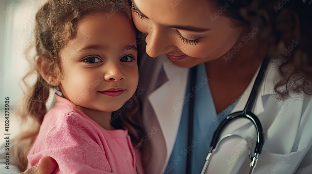 A Female Doctor Gently Holds a Young Girl's Head While Smiling. A Female Doctor Gently Holds a Young Girl's Head While Smiling.