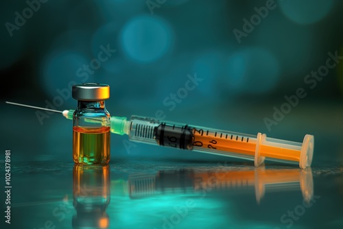 Vaccine vial syringe on reflective surface with blue bokeh background