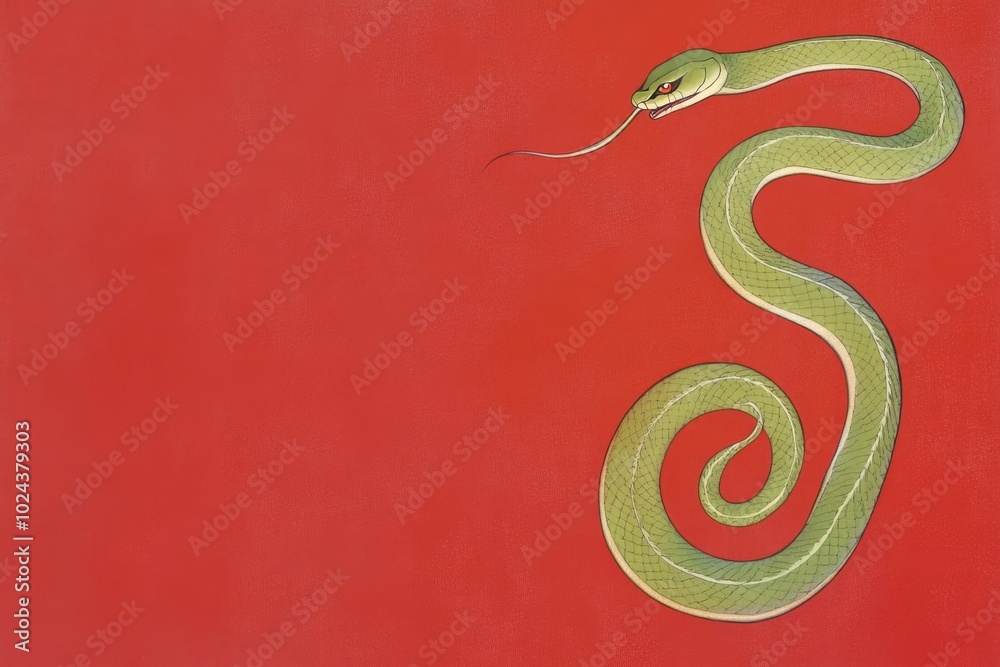 Obraz premium Traditional Art of a Delicate Green Snake on Bold Red Background - Ideal for Design and Decor