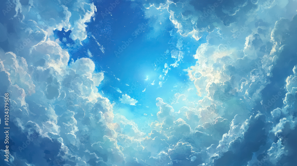 ethereal anime-style sky with fluffy clouds and radiant sunlight ethereal anime-style sky with fluffy clouds and radiant sunlight
