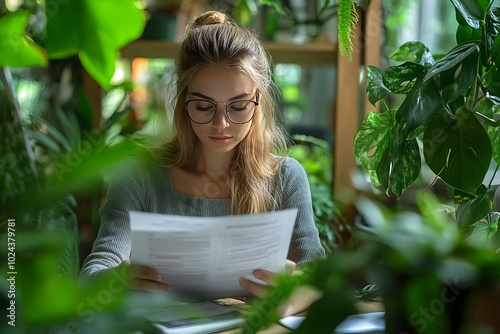 Professional Reviewing Sustainability Report in Nature Inspired Workspace