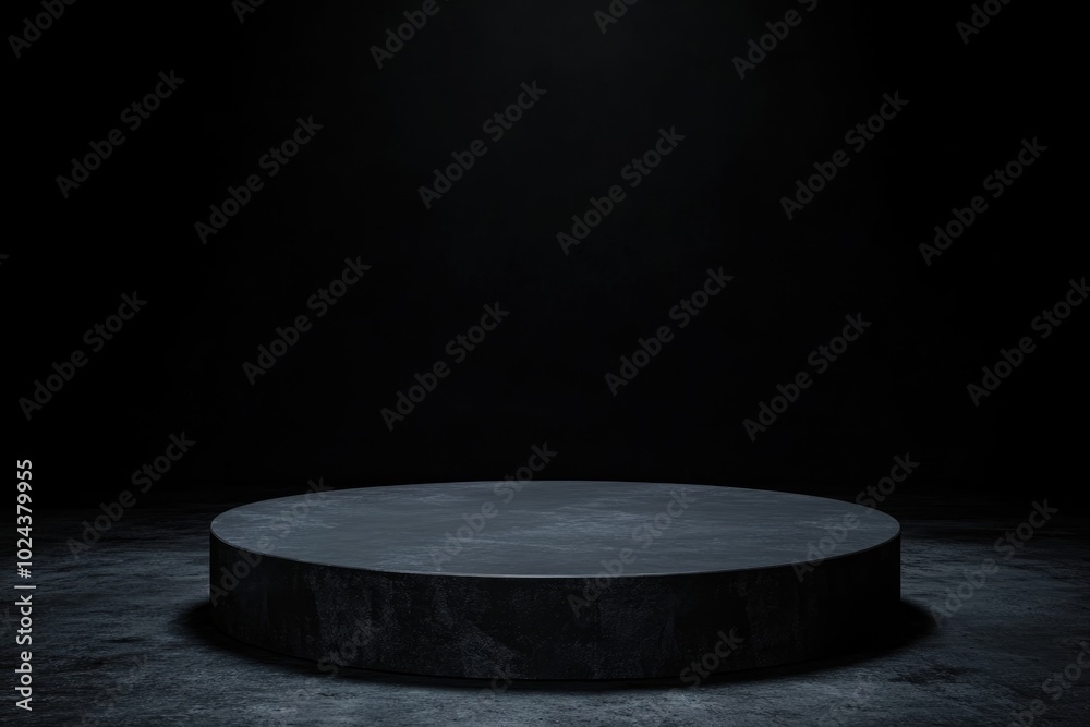 The round podium awaits speakers, illuminated by soft light amidst a dark, atmospheric background