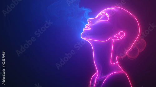 A glowing neon outline of a woman exhaling smoke conveys themes of psychological health and serenity, set against a vibrant blue background, copy space