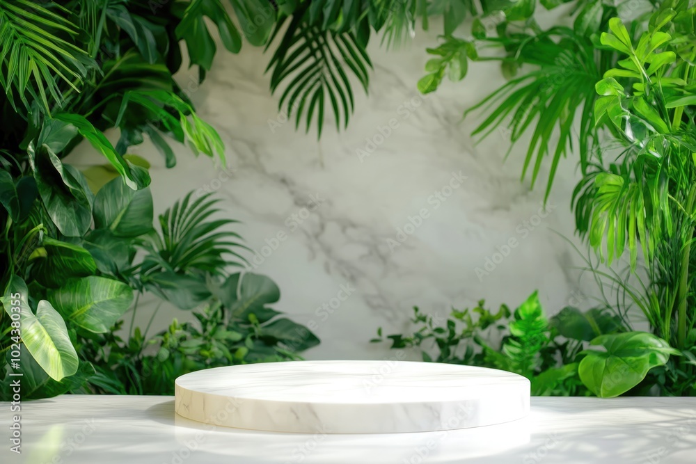A round marble podium sits elegantly amid vibrant greenery, perfect for a cosmetics presentation A round marble podium sits elegantly amid vibrant greenery, perfect for a cosmetics presentation
