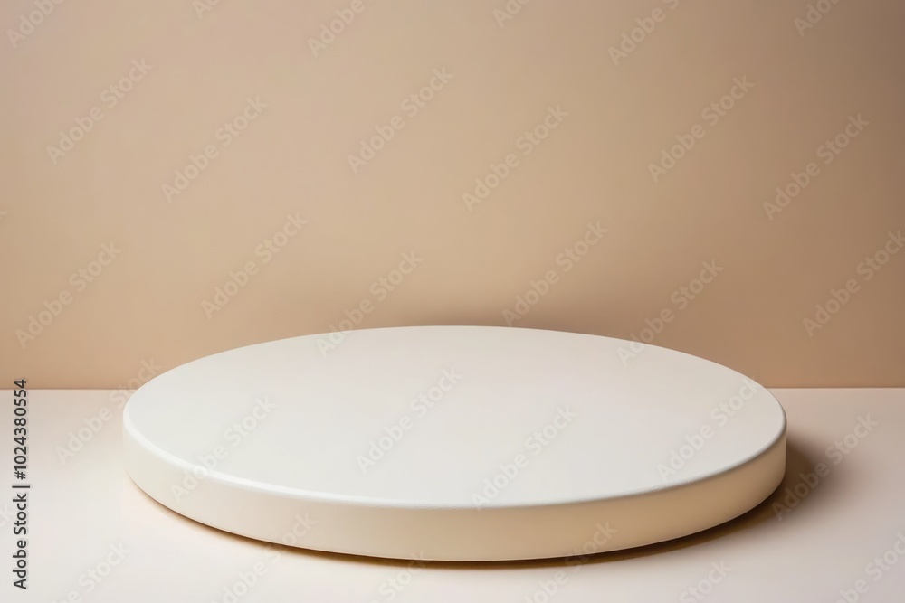 A sleek round podium awaits presenters in a calm, minimally designed setting A sleek round podium awaits presenters in a calm, minimally designed setting