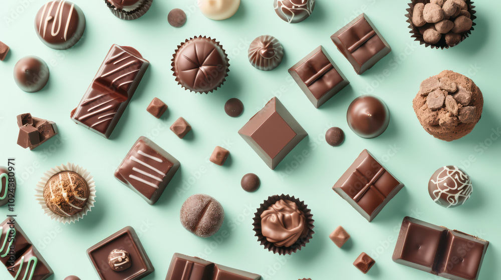 Delight in array of assorted chocolates, featuring various shapes and textures, perfect for any sweet tooth. vibrant colors and intricate designs create visually appealing treat Delight in array of assorted chocolates, featuring various shapes and textures, perfect for any sweet tooth. vibrant colors and intricate designs create visually appealing treat