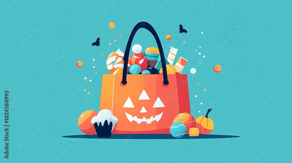 Fototapeta premium Paper Bag of Halloween Candy on Solid Background