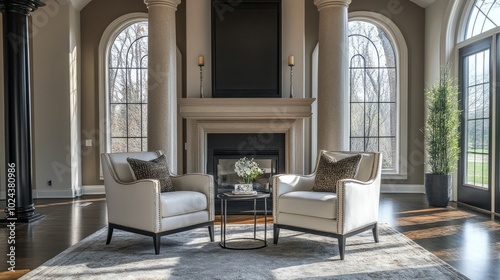 Two accent chairs near a fireplace in a room with tall columns and an elegant arch ceiling, blending modern and art deco interior design.