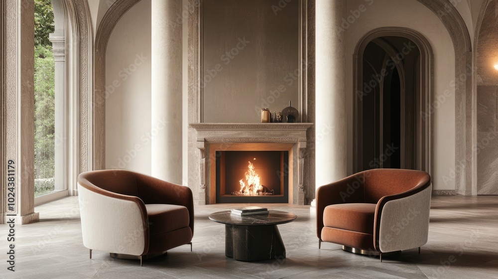 Two accent chairs near a sleek fireplace, set in a room with towering columns and a sweeping arch ceiling, embodying art deco modern design. Two accent chairs near a sleek fireplace, set in a room with towering columns and a sweeping arch ceiling, embodying art deco modern design.