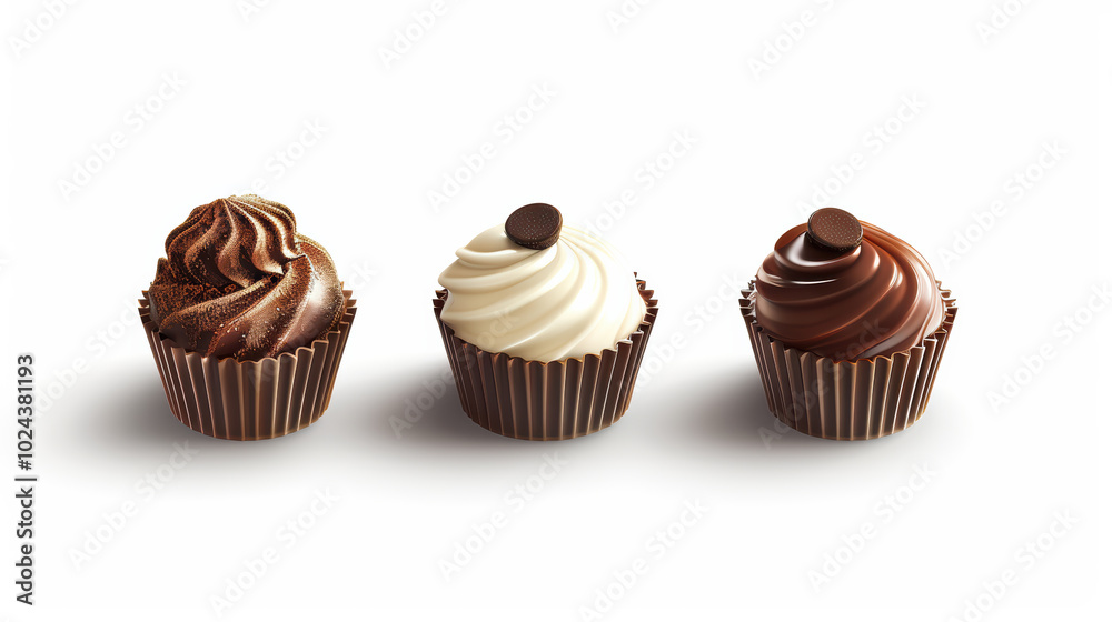 Delicious chocolate cupcakes with creamy frosting in three flavors dark chocolate, vanilla, and milk chocolate. Perfect for dessert lovers and special occasions! Delicious chocolate cupcakes with creamy frosting in three flavors dark chocolate, vanilla, and milk chocolate. Perfect for dessert lovers and special occasions!