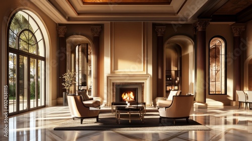 Two accent chairs near a fireplace in an art deco-inspired modern living room, framed by striking columns and an elegant arch ceiling.