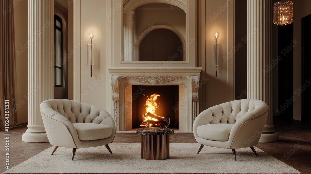 Naklejka premium Two elegant accent chairs near a fireplace, surrounded by columns and an arch ceiling, capturing a luxurious art deco living room design.