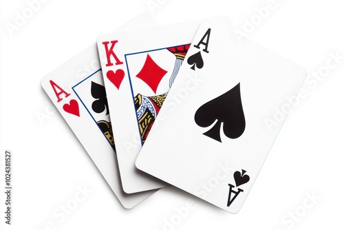Three playing cards fanned out each showing the Ace of Hearts, Ace of Spades and Ace of Clubs
